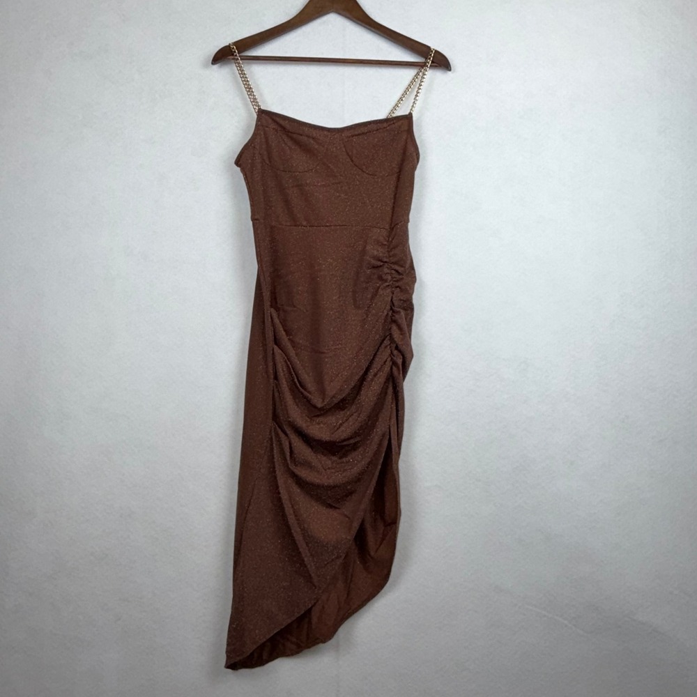 Cider Dress Women Small Brown Shimmer Ruched Chain Strap Asymmetrical Midi Glam